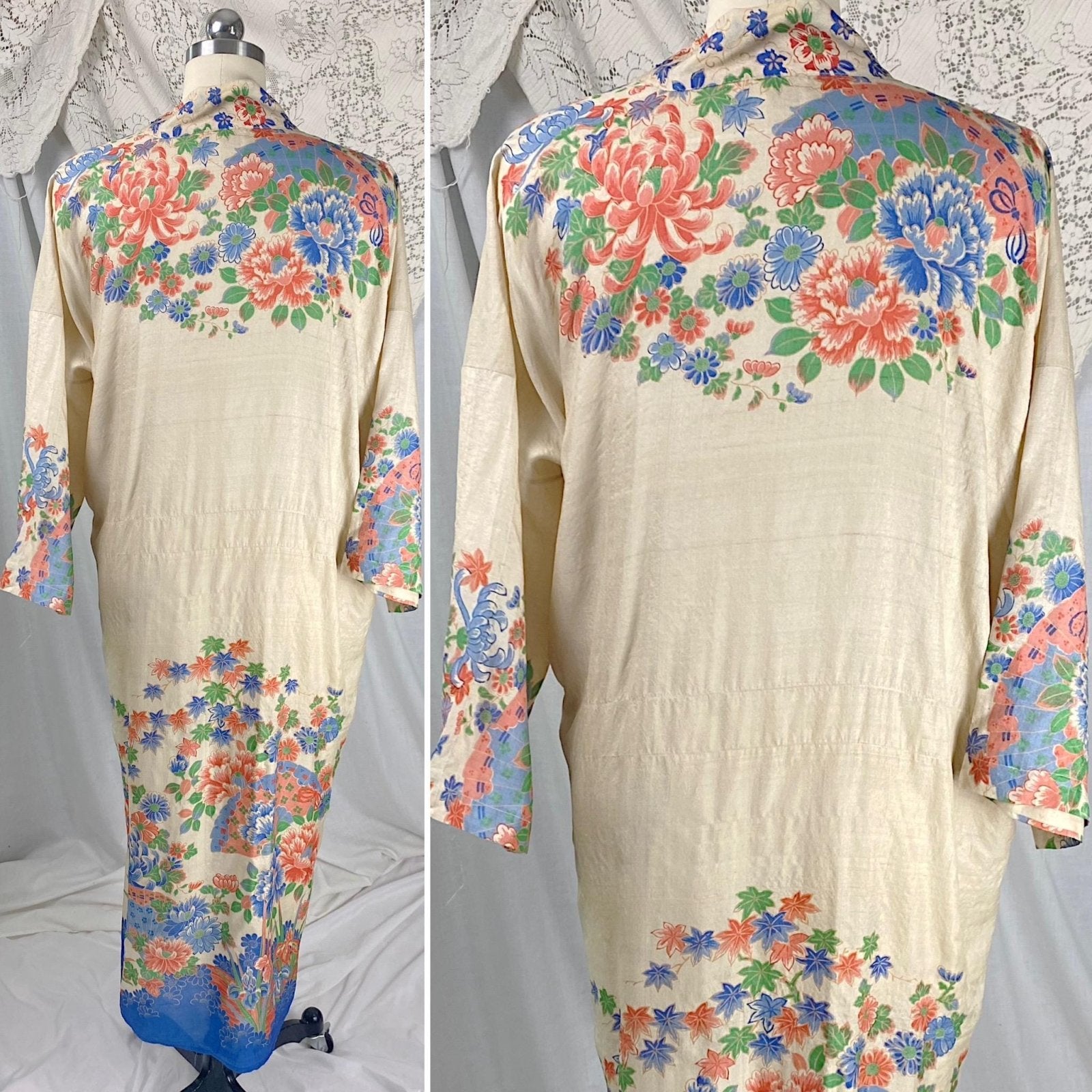 Vintage 1920s Japanese Robe | Natural Pongee Silk with Bold Floral Print & Side Tie | Size S, M, LG - Daggers & Dames