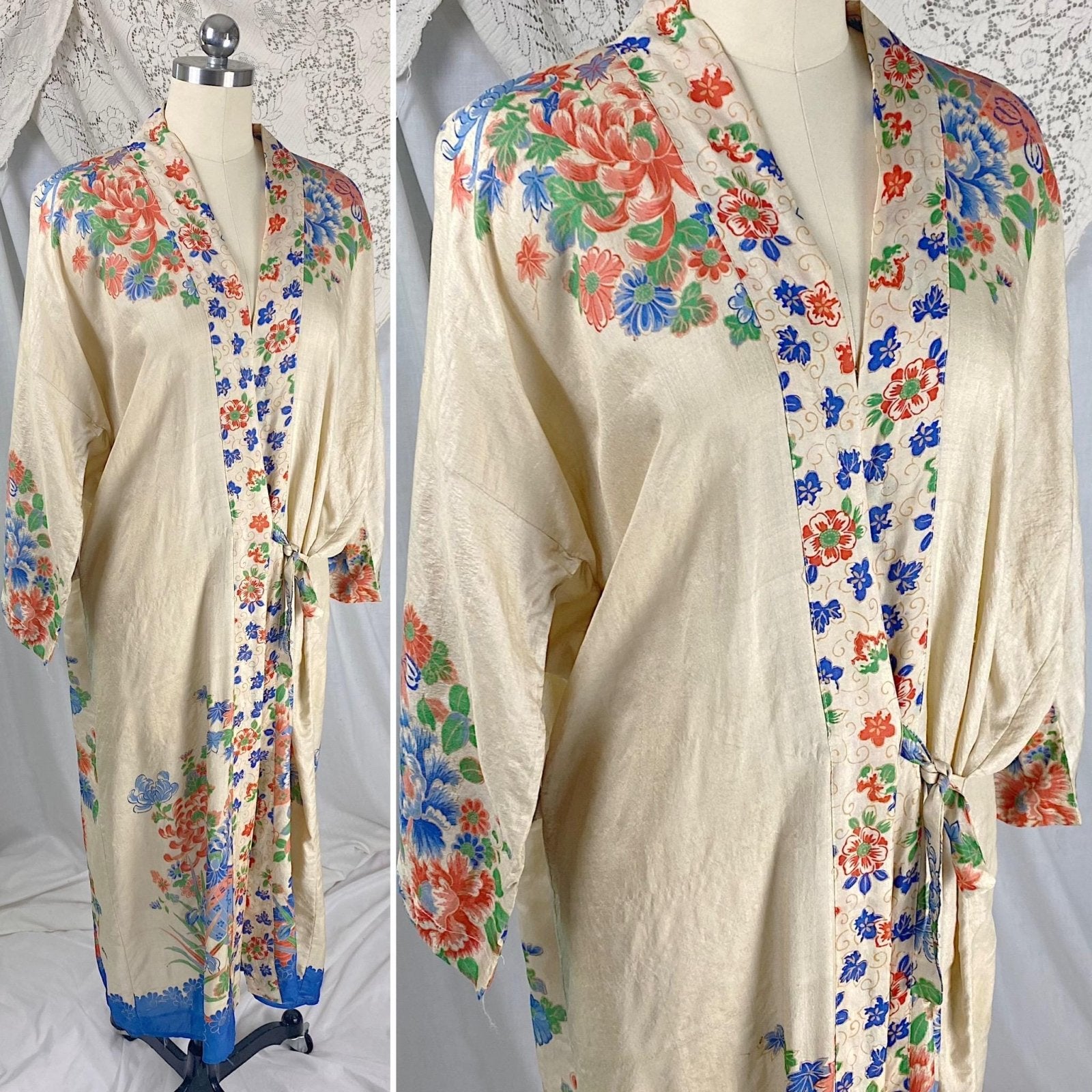 Vintage 1920s Japanese Robe | Natural Pongee Silk with Bold Floral Print & Side Tie | Size S, M, LG - Daggers & Dames