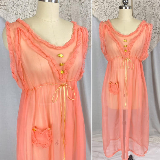 Vintage 1920's Nightgown | Rich Coral Pink Sheer Silk with Ruffled Detail & Rosettes | Size S, M. LG - Daggers & Dames