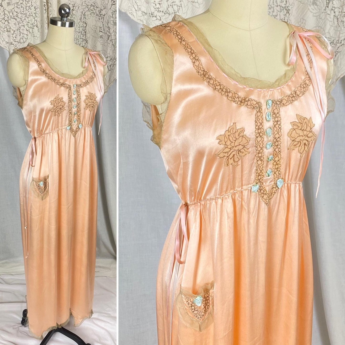 Vintage 1920's Nightgown | Rich Peach Silk with Taupe Tulle Edging & Silk Ribbon Drawstrings | Size XS, S | Never Worn - Daggers & Dames