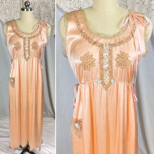 Vintage 1920's Nightgown | Rich Peach Silk with Taupe Tulle Edging & Silk Ribbon Drawstrings | Size XS, S | Never Worn - Daggers & Dames