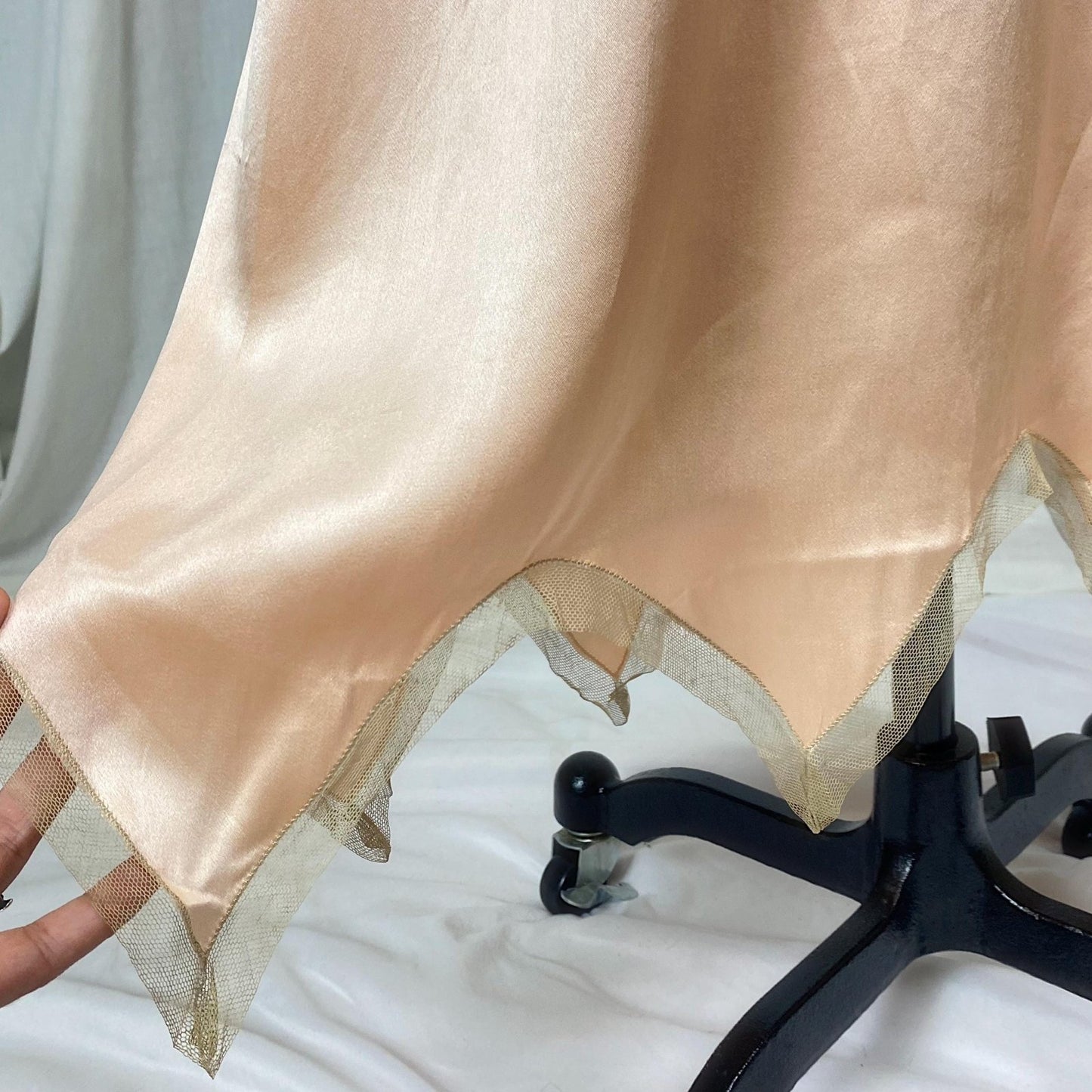Vintage 1920's Nightgown | Rich Peach Silk with Taupe Tulle Edging & Silk Ribbon Drawstrings | Size XS, S | Never Worn - Daggers & Dames