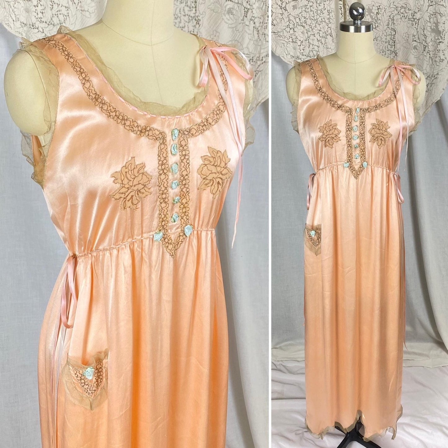 Vintage 1920's Nightgown | Rich Peach Silk with Taupe Tulle Edging & Silk Ribbon Drawstrings | Size XS, S | Never Worn - Daggers & Dames