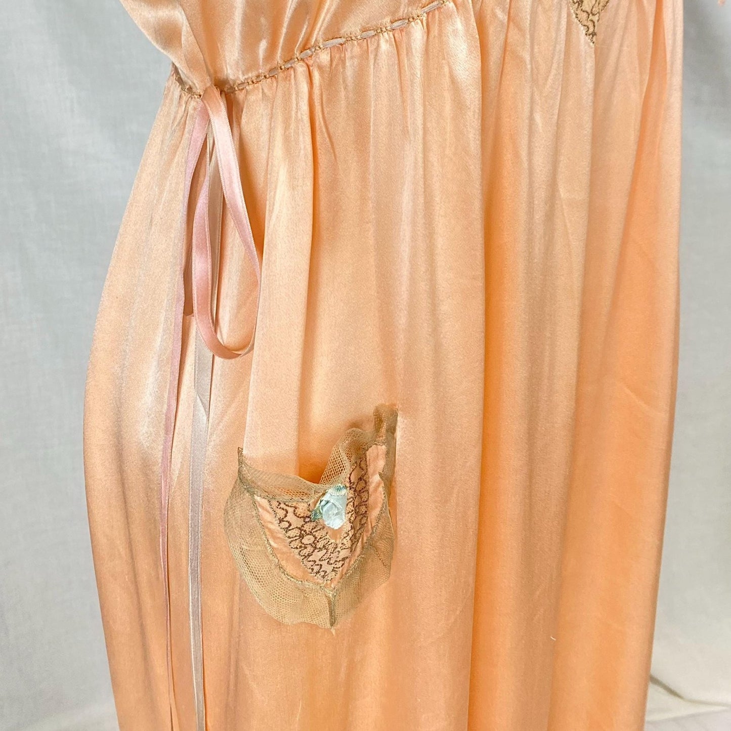 Vintage 1920's Nightgown | Rich Peach Silk with Taupe Tulle Edging & Silk Ribbon Drawstrings | Size XS, S | Never Worn - Daggers & Dames