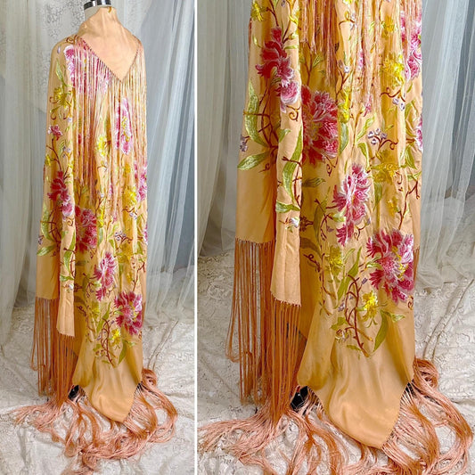 Vintage 1920's Piano Shawl - Rich Peach Silk with Elaborate Floral Embroidery & Coral Pink Fringe - 5ftx5ft - Daggers & Dames