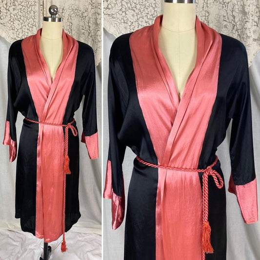 Vintage 1920's Robe | Silky Black Rayon Satin with Floral Shadow Print & Coral Pink Trim | Size XS, S, M - Daggers & Dames
