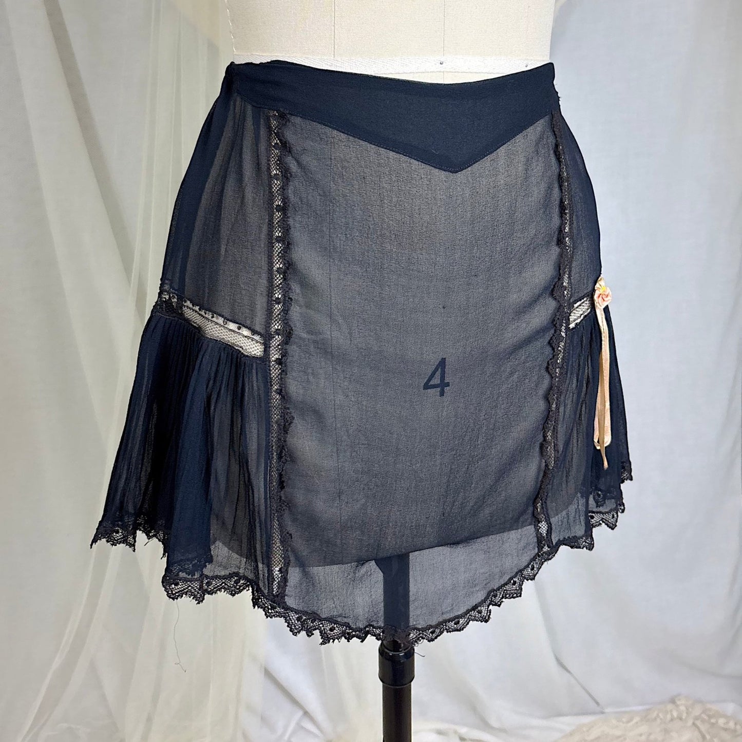 Vintage 1920's Sheer Black Rayon Crepe Tap Pants with Chantilly Lace - Size XS, S, M - Daggers & Dames