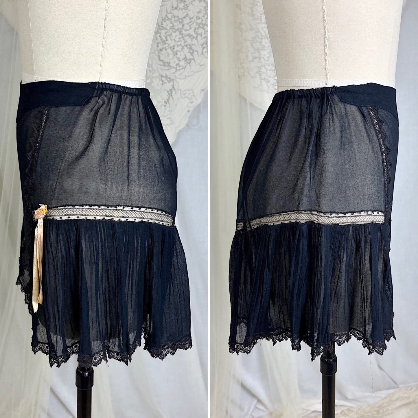 Vintage 1920's Sheer Black Rayon Crepe Tap Pants with Chantilly Lace - Size XS, S, M - Daggers & Dames