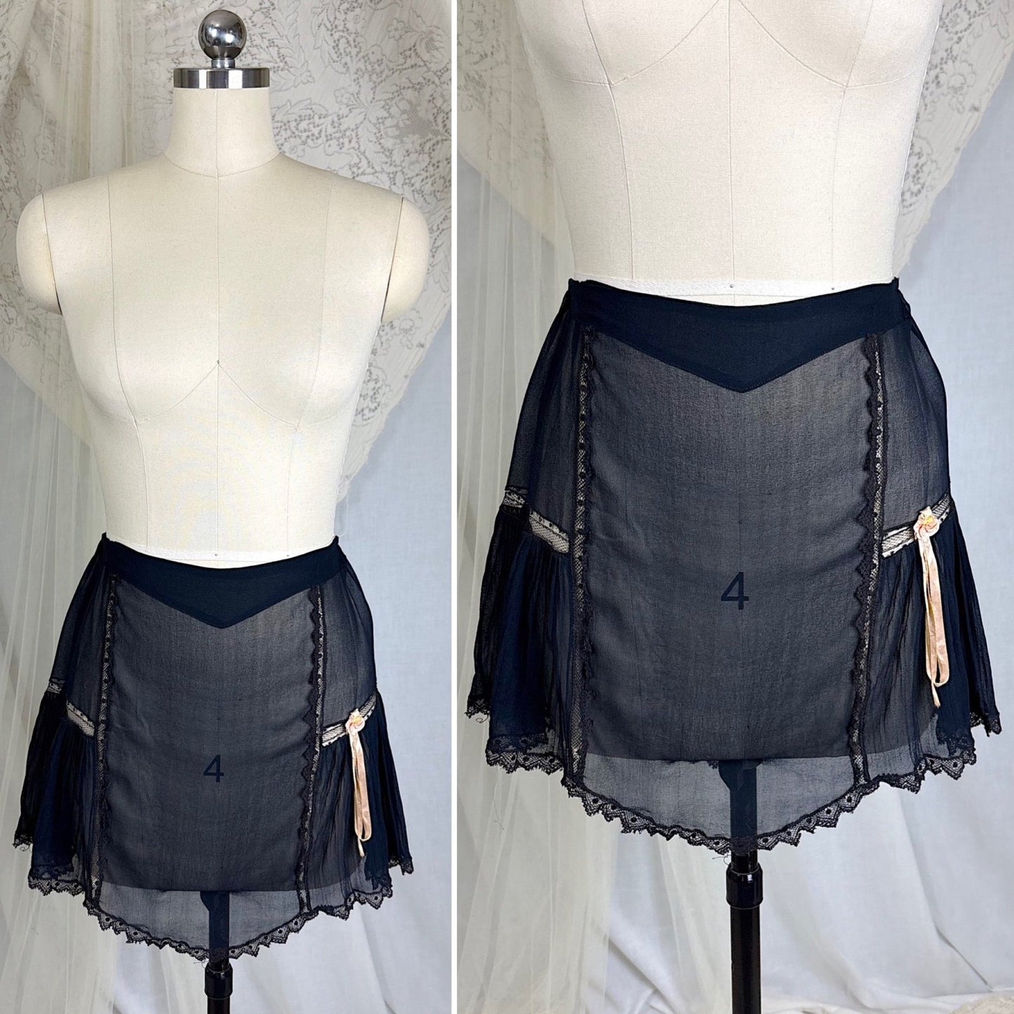 Vintage 1920's Sheer Black Rayon Crepe Tap Pants with Chantilly Lace - Size XS, S, M - Daggers & Dames