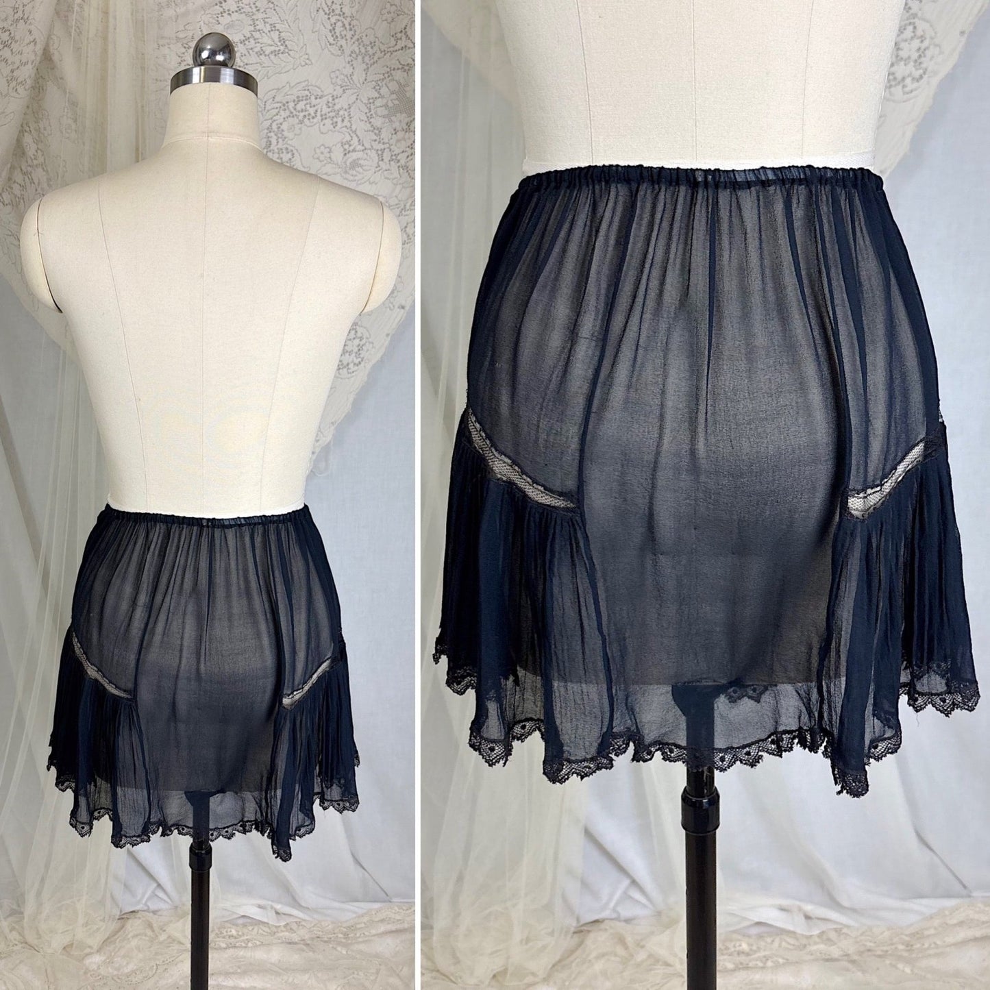 Vintage 1920's Sheer Black Rayon Crepe Tap Pants with Chantilly Lace - Size XS, S, M - Daggers & Dames