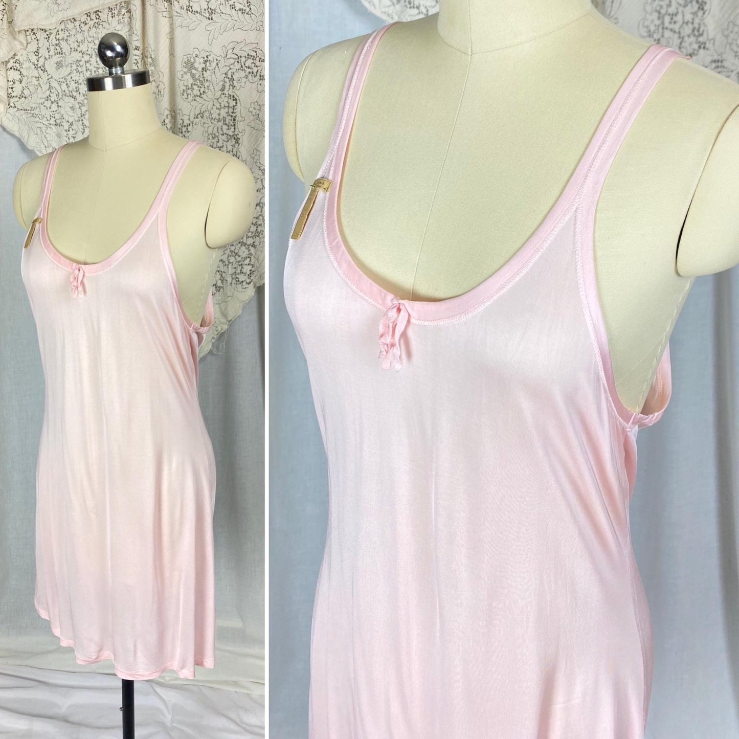 Vintage 1920's Slip | Baby Pink Silk Knit with Drawstring Chest | Size S, M | The Globe - Never Worn with Tag - Daggers & Dames