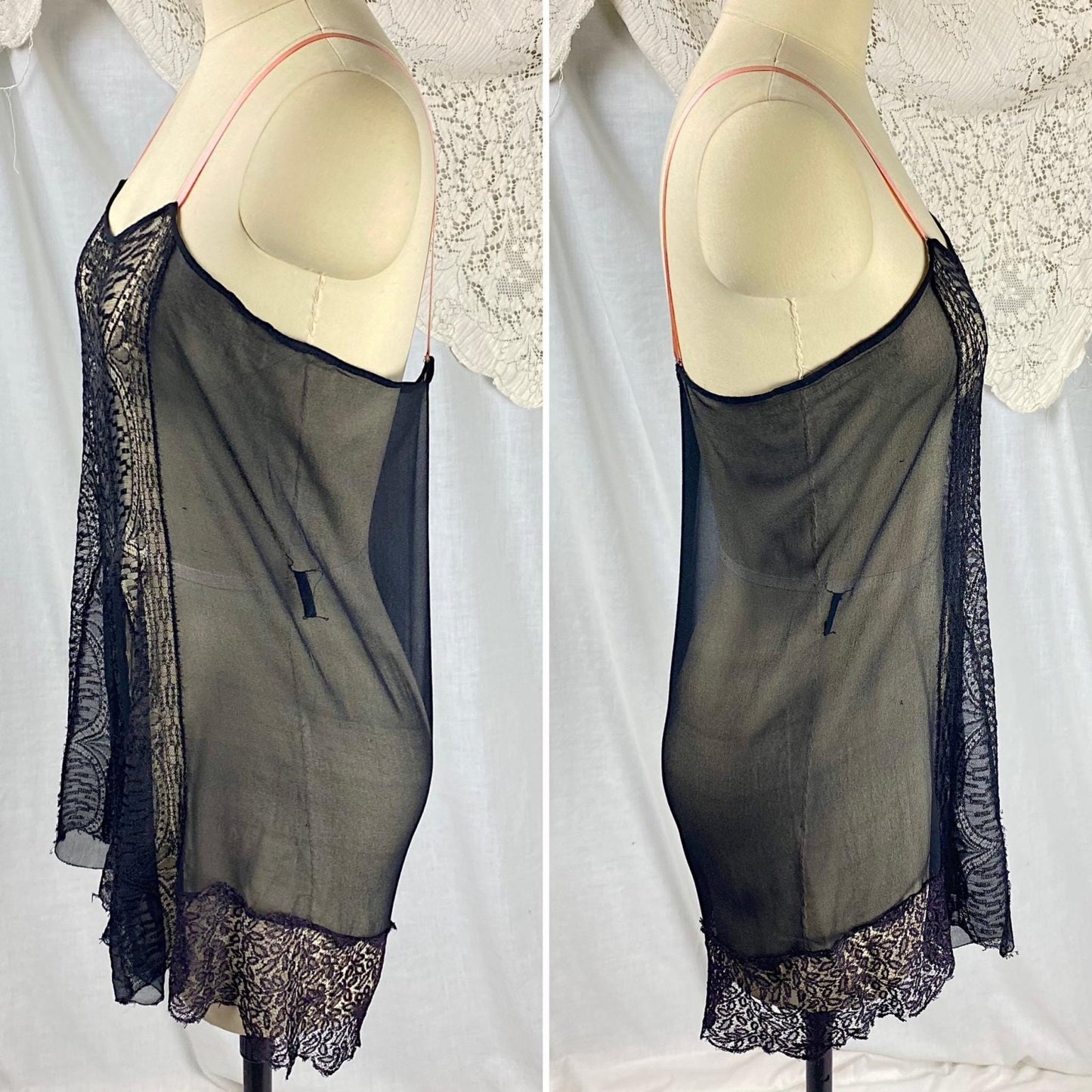 Vintage 1920's Step - in Teddy Chemise | Sheer Black Silk Chiffon with Intricate Chantilly Lace Panel | Size S, M - Daggers & Dames