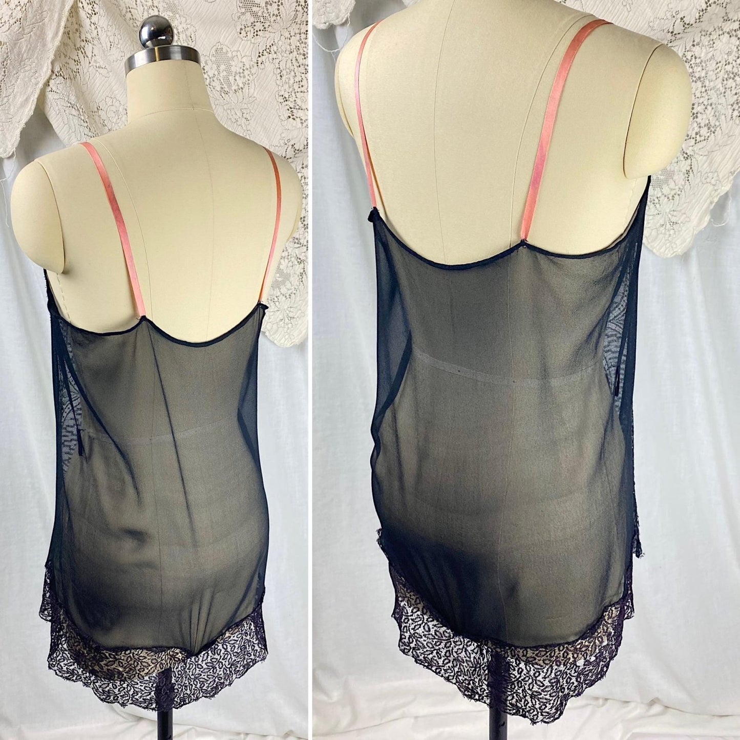 Vintage 1920's Step - in Teddy Chemise | Sheer Black Silk Chiffon with Intricate Chantilly Lace Panel | Size S, M - Daggers & Dames