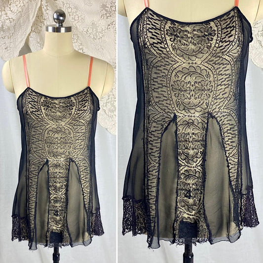 Vintage 1920's Step - in Teddy Chemise | Sheer Black Silk Chiffon with Intricate Chantilly Lace Panel | Size S, M - Daggers & Dames