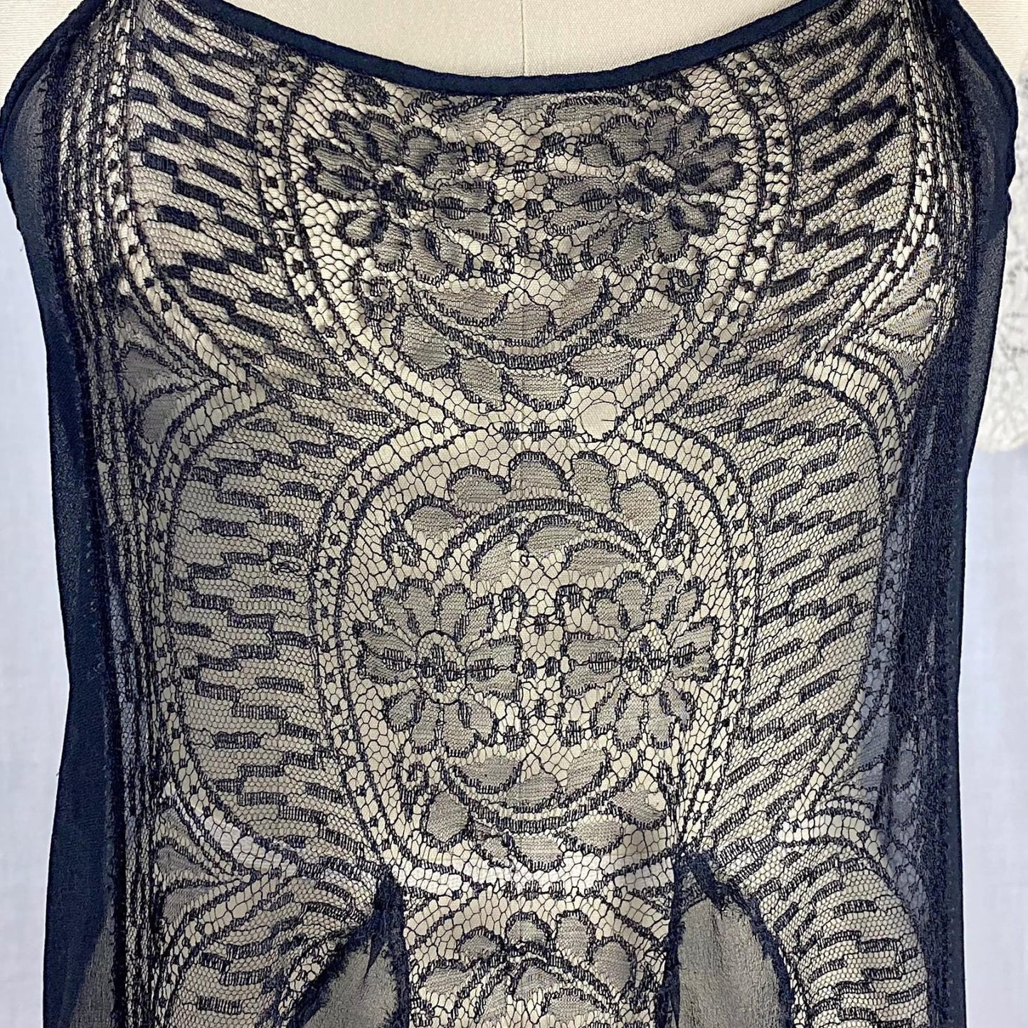 Vintage 1920's Step - in Teddy Chemise | Sheer Black Silk Chiffon with Intricate Chantilly Lace Panel | Size S, M - Daggers & Dames