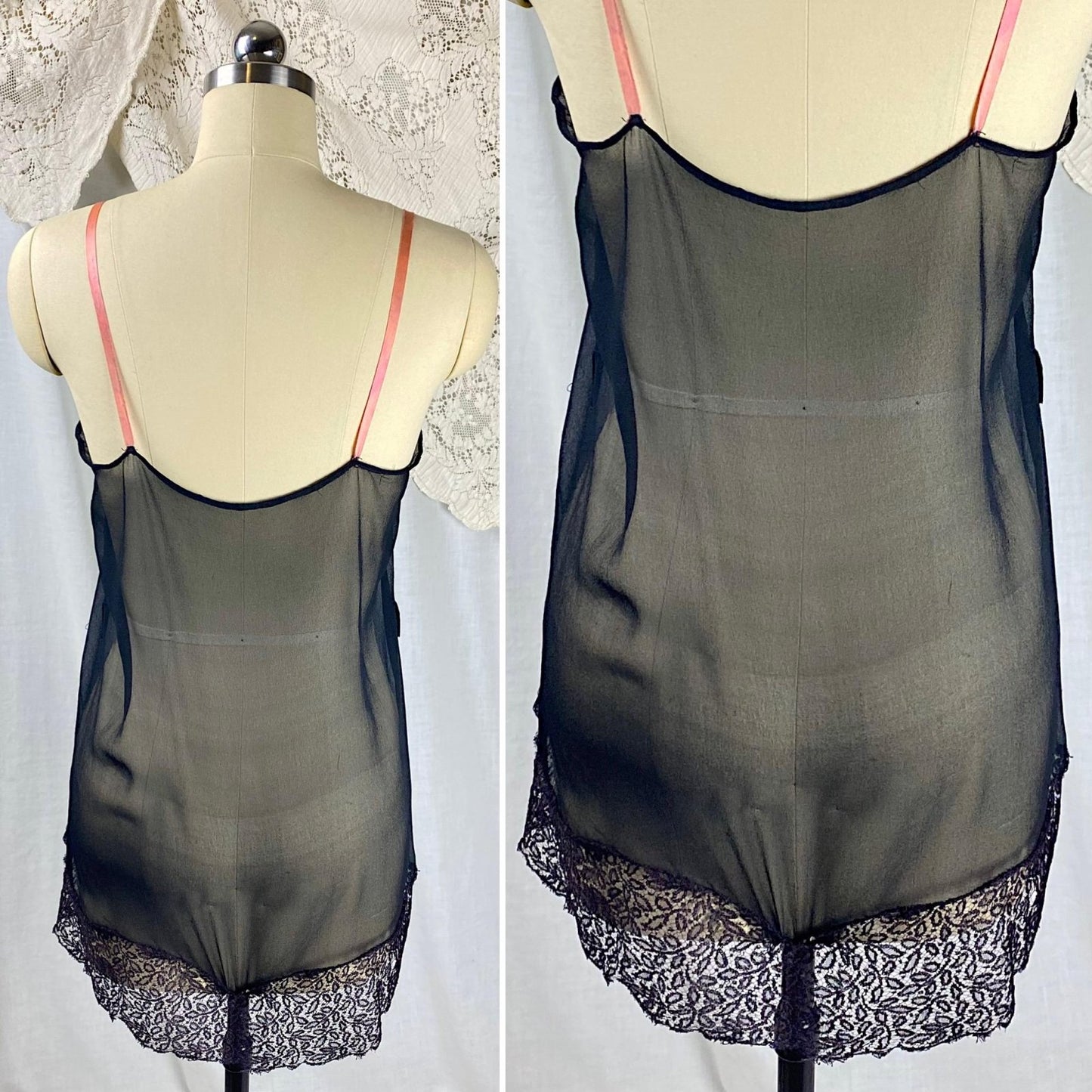 Vintage 1920's Step - in Teddy Chemise | Sheer Black Silk Chiffon with Intricate Chantilly Lace Panel | Size S, M - Daggers & Dames