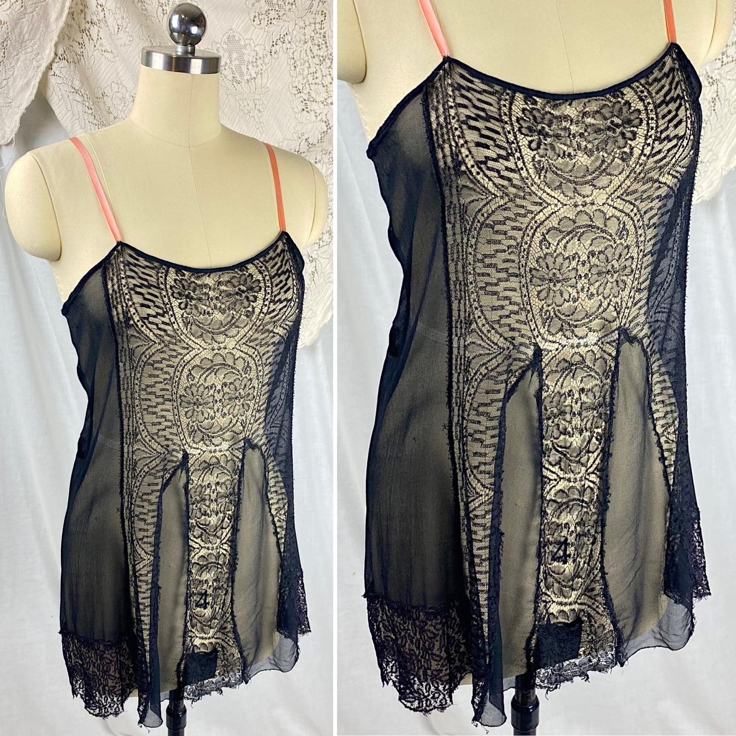 Vintage 1920's Step - in Teddy Chemise | Sheer Black Silk Chiffon with Intricate Chantilly Lace Panel | Size S, M - Daggers & Dames