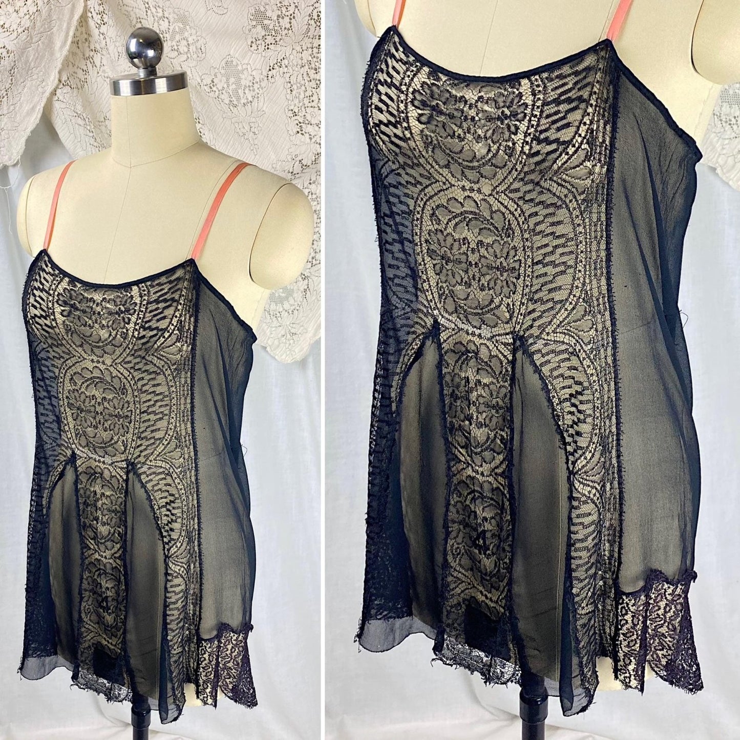 Vintage 1920's Step - in Teddy Chemise | Sheer Black Silk Chiffon with Intricate Chantilly Lace Panel | Size S, M - Daggers & Dames