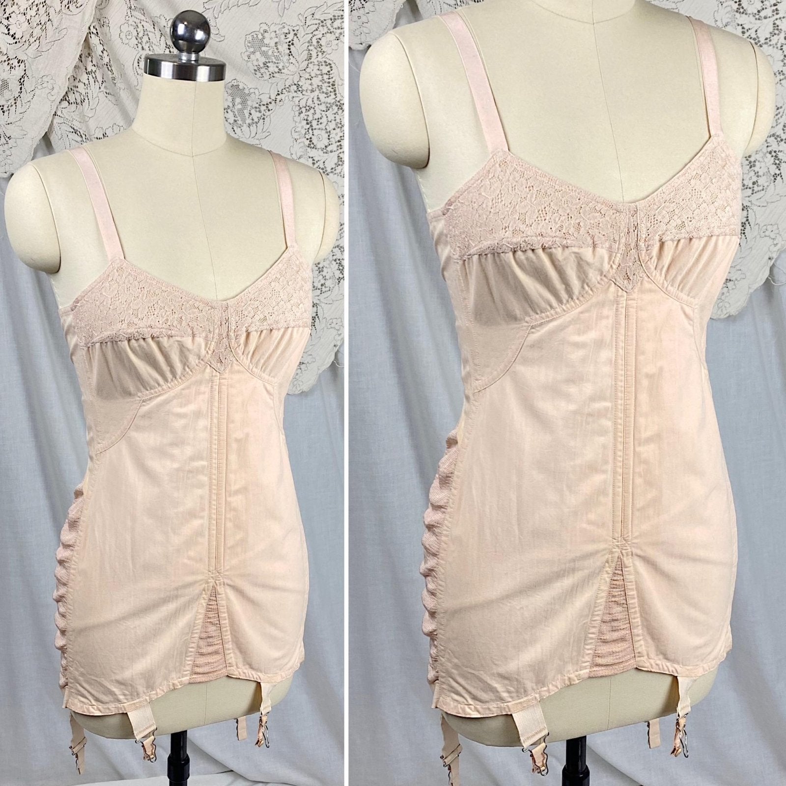 Vintage 1930's - 1940's All in One Girdle | Pale Apricot Cotton with Elastic Panels & Garters | Size 34 B, M | By Gossard - Daggers & Dames