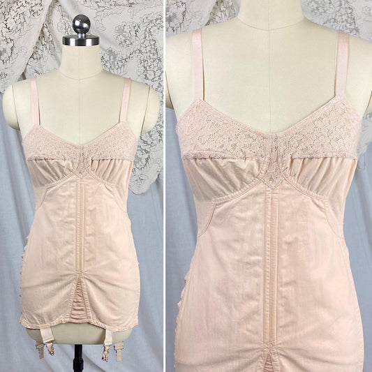 Vintage 1930's - 1940's All in One Girdle | Pale Apricot Cotton with Elastic Panels & Garters | Size 34 B, M | By Gossard - Daggers & Dames