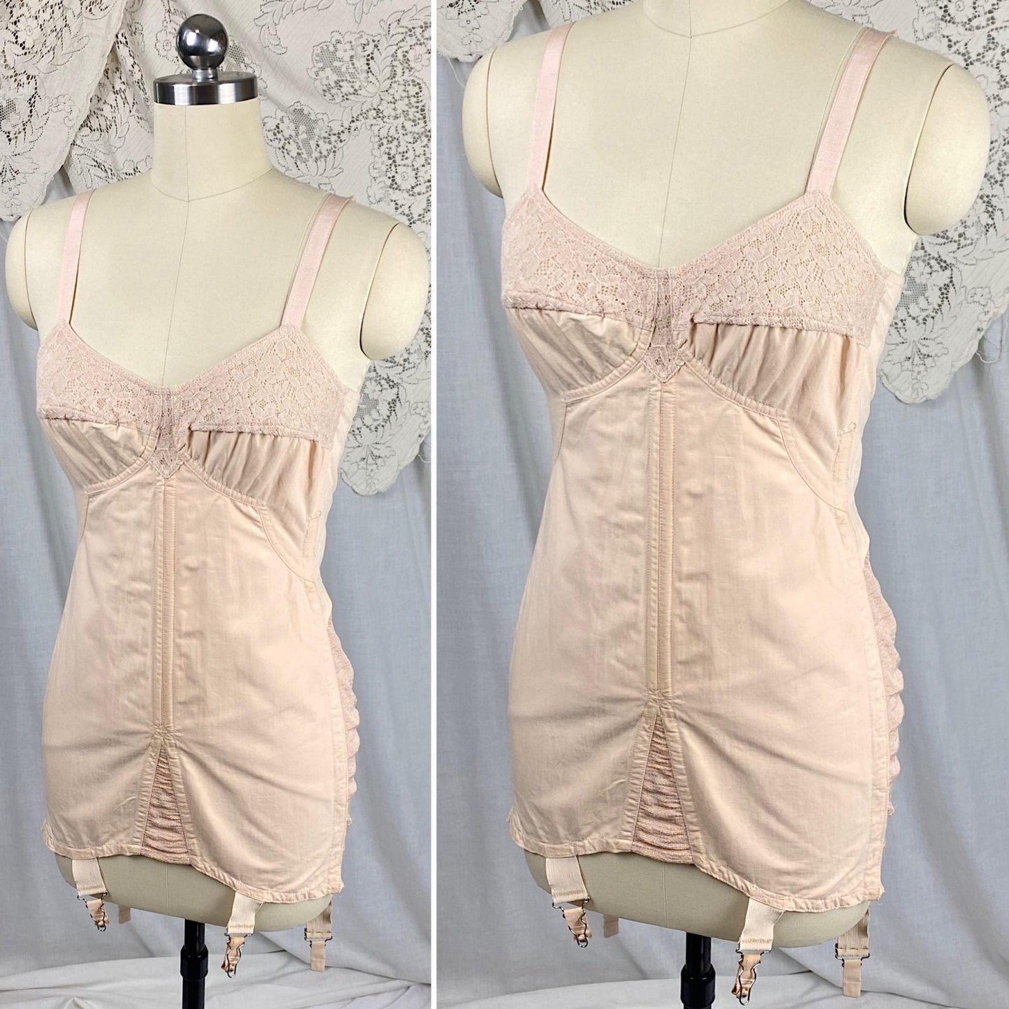 Vintage 1930's - 1940's All in One Girdle | Pale Apricot Cotton with Elastic Panels & Garters | Size 34 B, M | By Gossard - Daggers & Dames