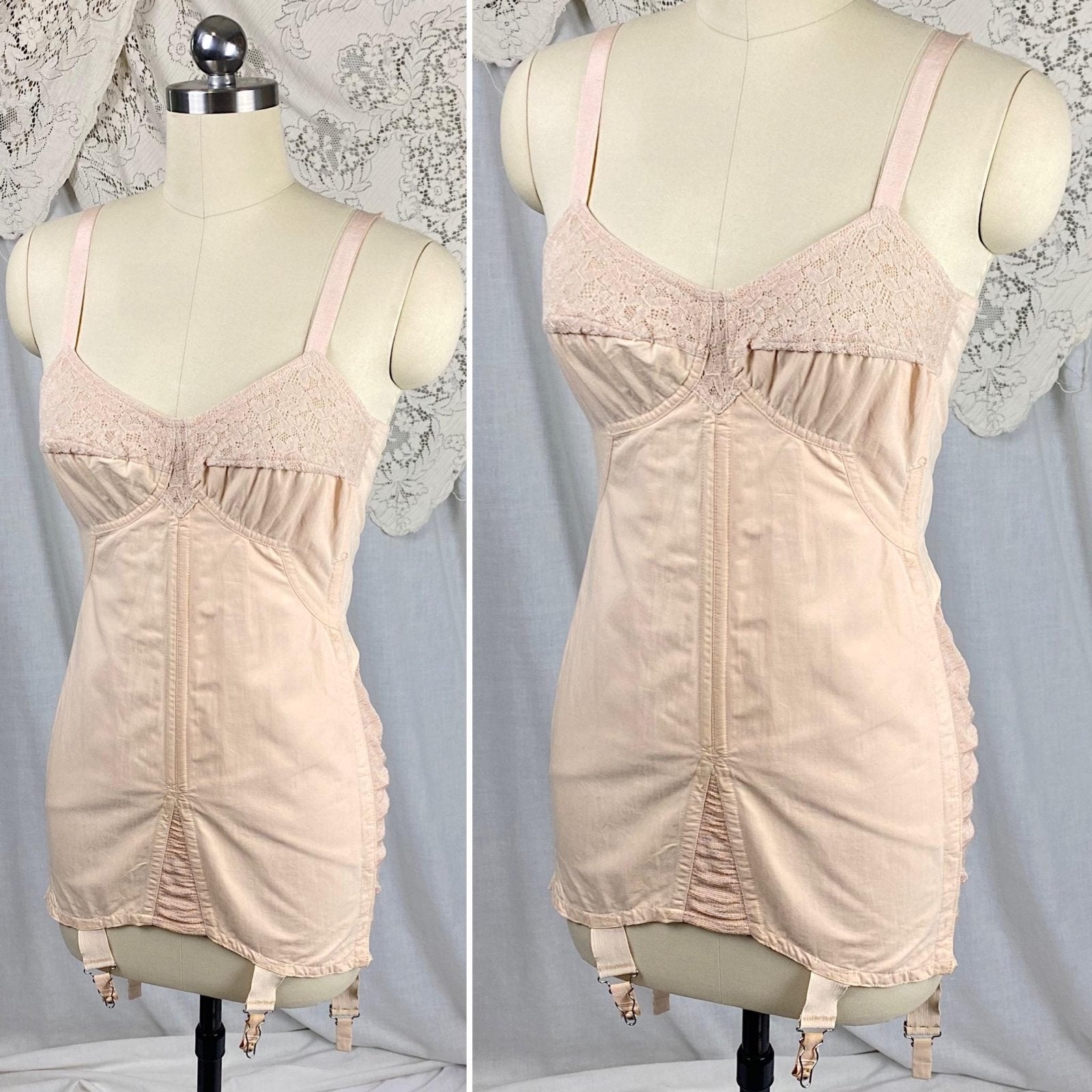 Vintage 1930's - 1940's All in One Girdle | Pale Apricot Cotton with Elastic Panels & Garters | Size 34 B, M | By Gossard - Daggers & Dames