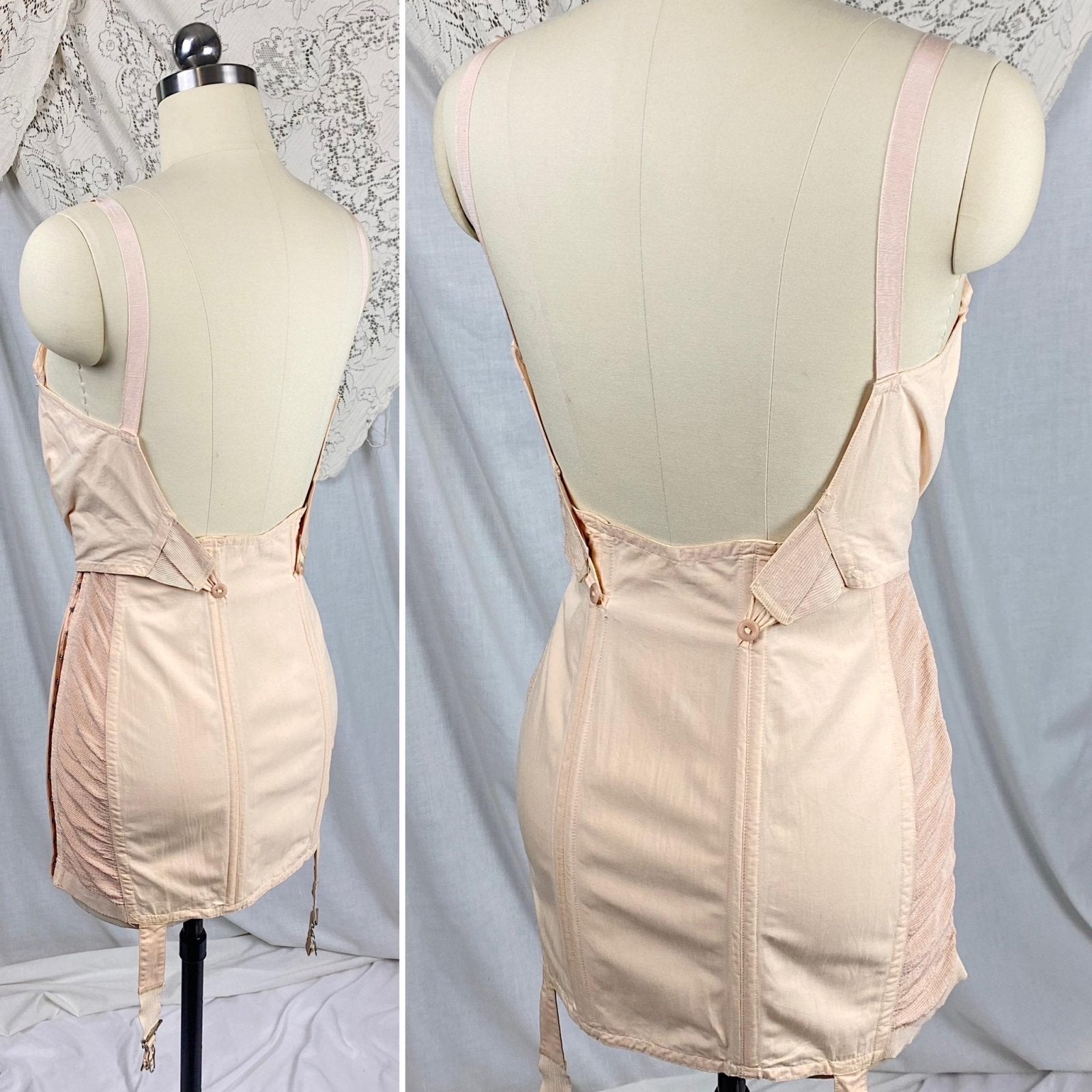Vintage 1930's - 1940's All in One Girdle | Pale Apricot Cotton with Elastic Panels & Garters | Size 34 B, M | By Gossard - Daggers & Dames