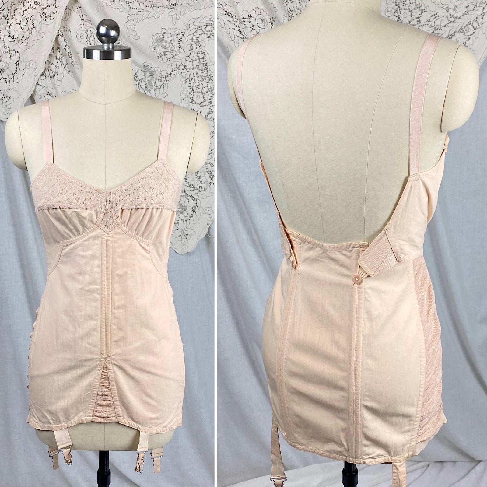 Vintage 1930's - 1940's All in One Girdle | Pale Apricot Cotton with Elastic Panels & Garters | Size 34 B, M | By Gossard - Daggers & Dames