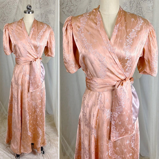 Vintage 1930's - 1940's Golden Coral & Lavender Rayon Satin Damask Robe with Obi Style Belt - Size S, M - Daggers & Dames