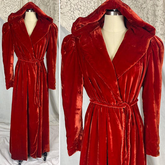 Vintage 1930's - 1940's Hooded Robe - Opera Coat | Rose Red Rayon Velvet with Taffeta Lining | Size XS, S - Daggers & Dames