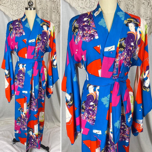 Vintage 1930's - 1940's Japanese Kimono Robe | Bold Art Deco Geisha Wood Block Print Silk with Tassled Sash Tie | Size Free | Hand Stitched - Daggers & Dames