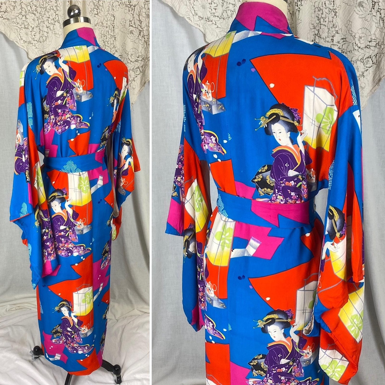 Vintage 1930's - 1940's Japanese Kimono Robe | Bold Art Deco Geisha Wood Block Print Silk with Tassled Sash Tie | Size Free | Hand Stitched - Daggers & Dames