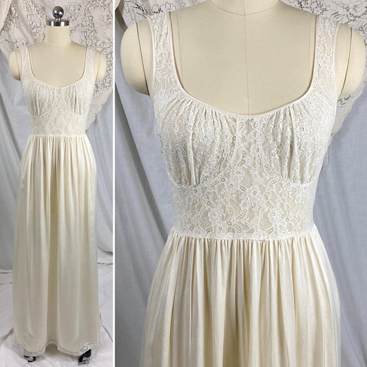 Vintage 1930's - 1940's Nightgown | White Silk Satin with Floral Cotton Lace Bodice & Button Up Back | Size XS | By Chevette - Daggers & Dames