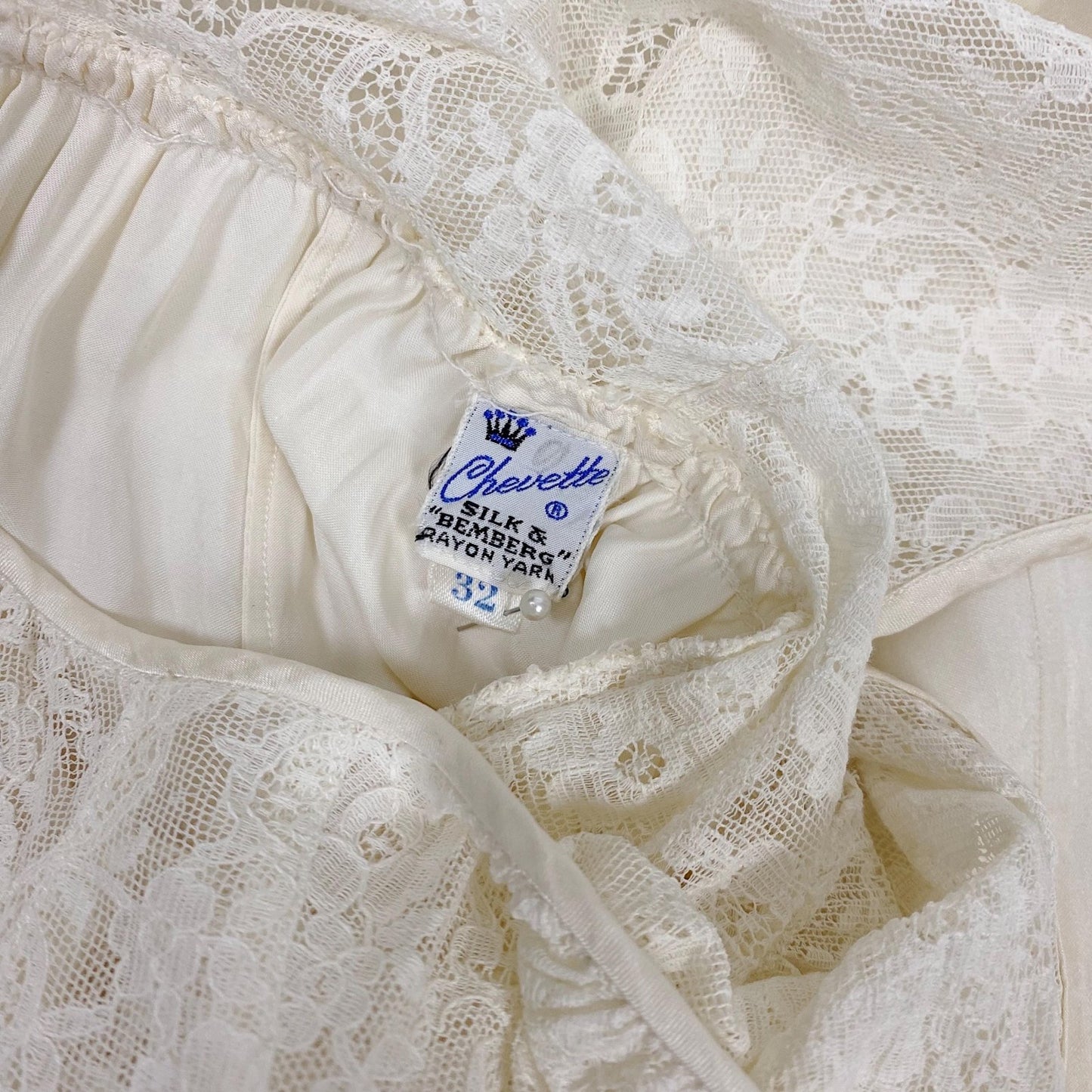 Vintage 1930's - 1940's Nightgown | White Silk Satin with Floral Cotton Lace Bodice & Button Up Back | Size XS | By Chevette - Daggers & Dames