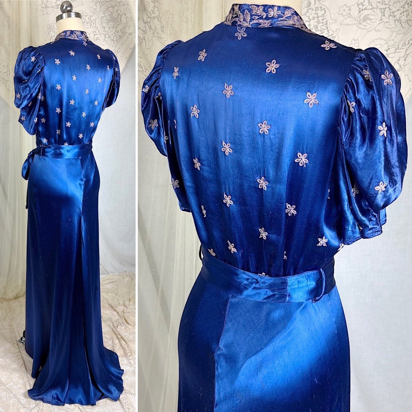 Vintage 1930's - 1940's Sapphire Blue Rayon Satin Dressing Gown with Silver Threaded Embroidery - By Ardele, Size S, M - Daggers & Dames