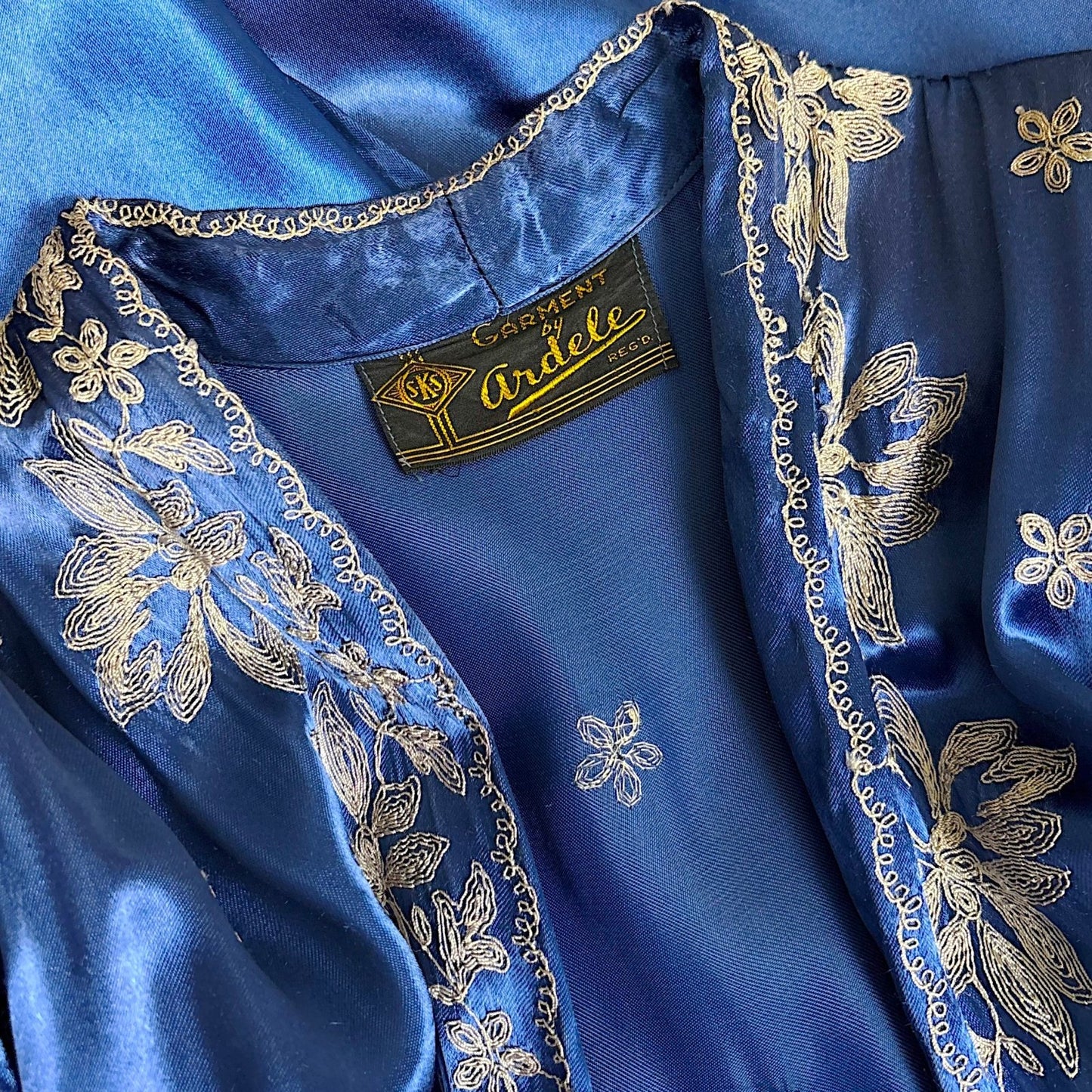Vintage 1930's - 1940's Sapphire Blue Rayon Satin Dressing Gown with Silver Threaded Embroidery - By Ardele, Size S, M - Daggers & Dames