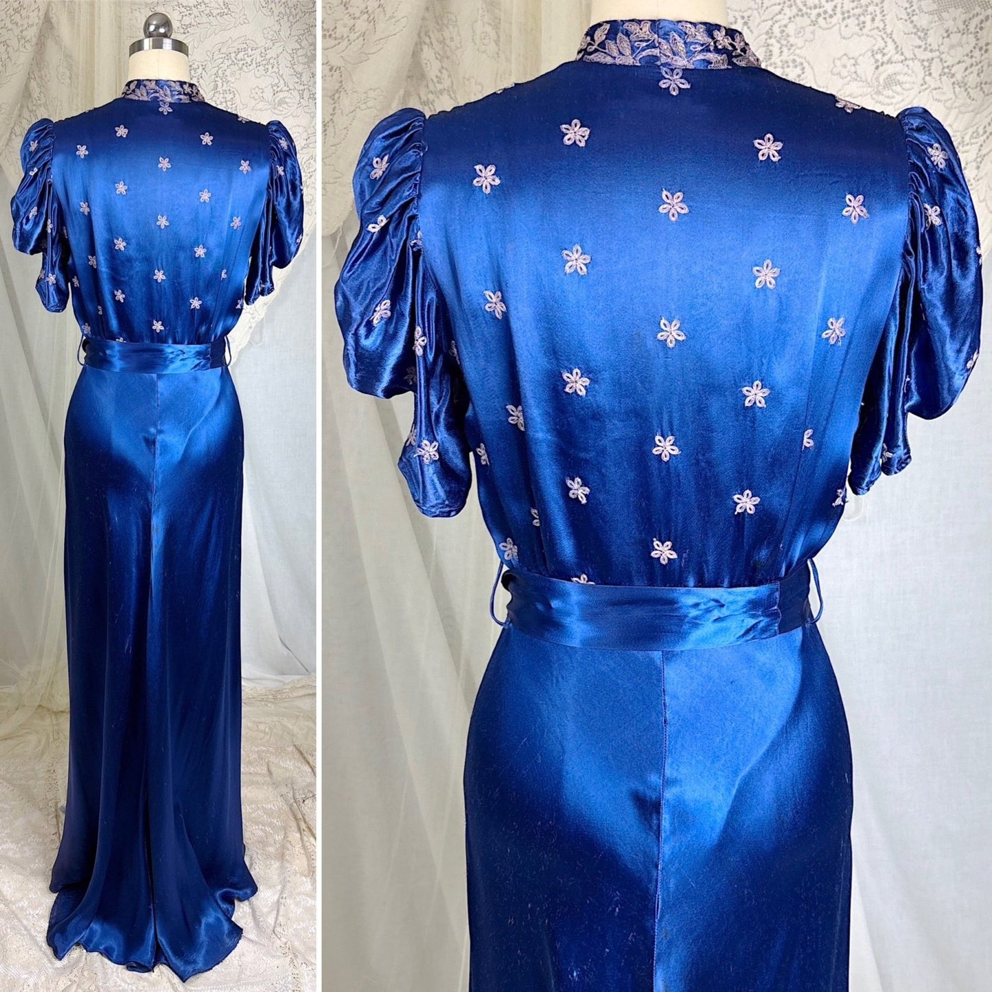 Vintage 1930's - 1940's Sapphire Blue Rayon Satin Dressing Gown with Silver Threaded Embroidery - By Ardele, Size S, M - Daggers & Dames