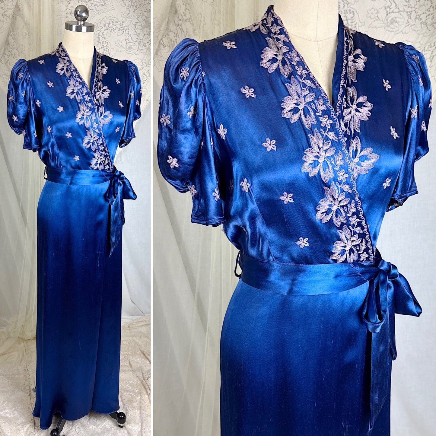 Vintage 1930's - 1940's Sapphire Blue Rayon Satin Dressing Gown with Silver Threaded Embroidery - By Ardele, Size S, M - Daggers & Dames