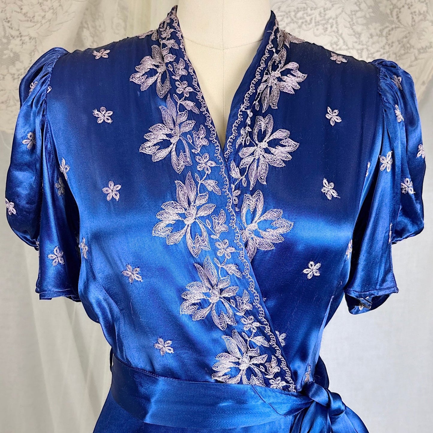 Vintage 1930's - 1940's Sapphire Blue Rayon Satin Dressing Gown with Silver Threaded Embroidery - By Ardele, Size S, M - Daggers & Dames
