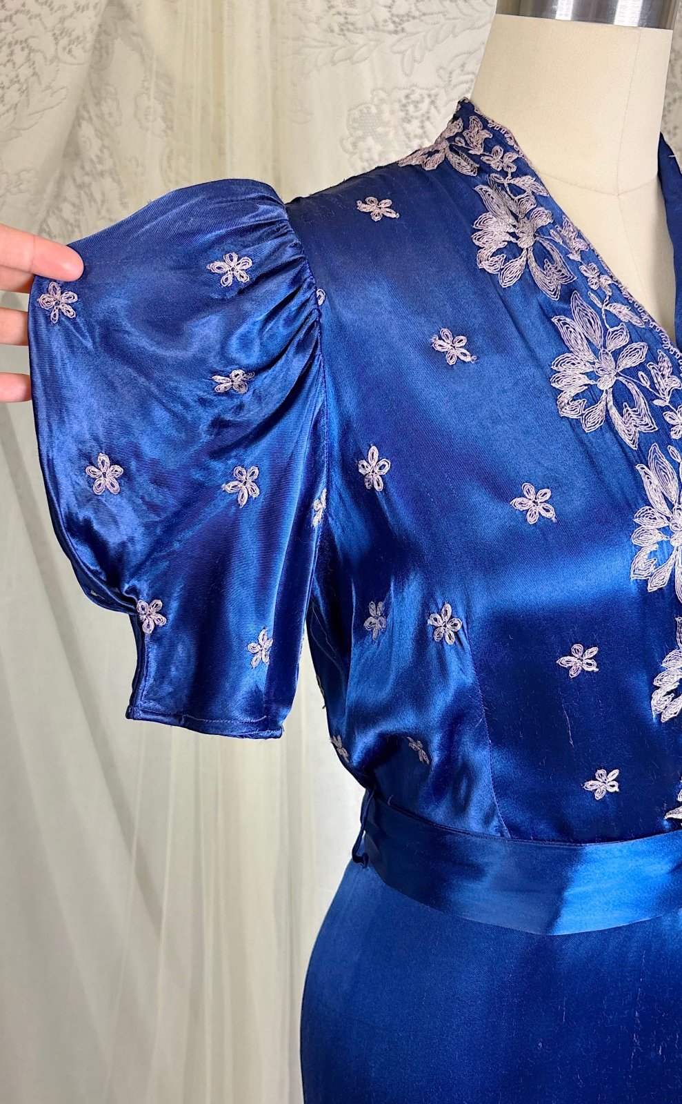 Vintage 1930's - 1940's Sapphire Blue Rayon Satin Dressing Gown with Silver Threaded Embroidery - By Ardele, Size S, M - Daggers & Dames