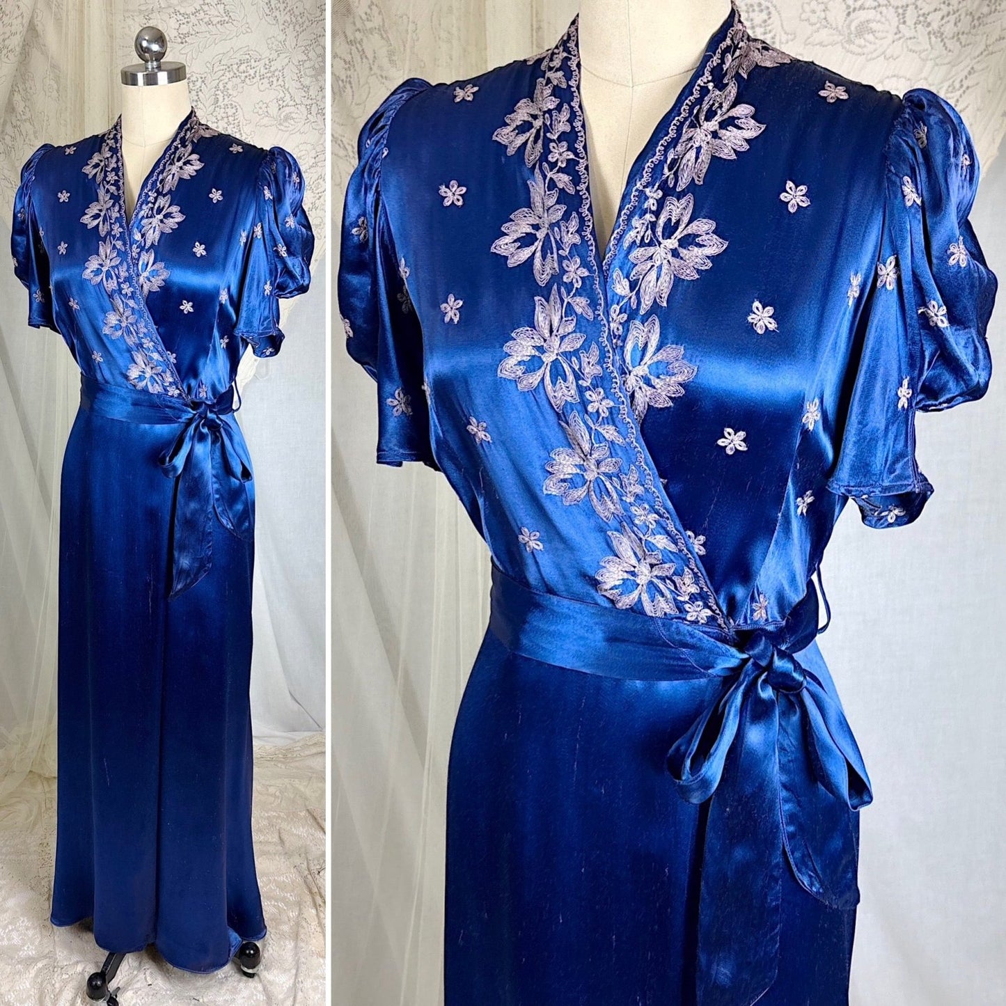 Vintage 1930's - 1940's Sapphire Blue Rayon Satin Dressing Gown with Silver Threaded Embroidery - By Ardele, Size S, M - Daggers & Dames