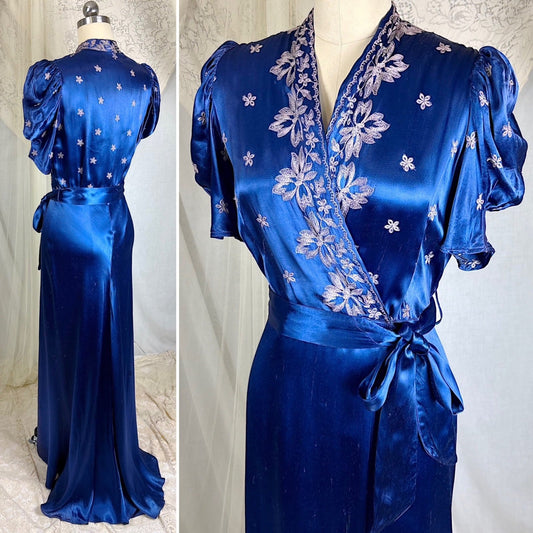 Vintage 1930's - 1940's Sapphire Blue Rayon Satin Dressing Gown with Silver Threaded Embroidery - By Ardele, Size S, M - Daggers & Dames