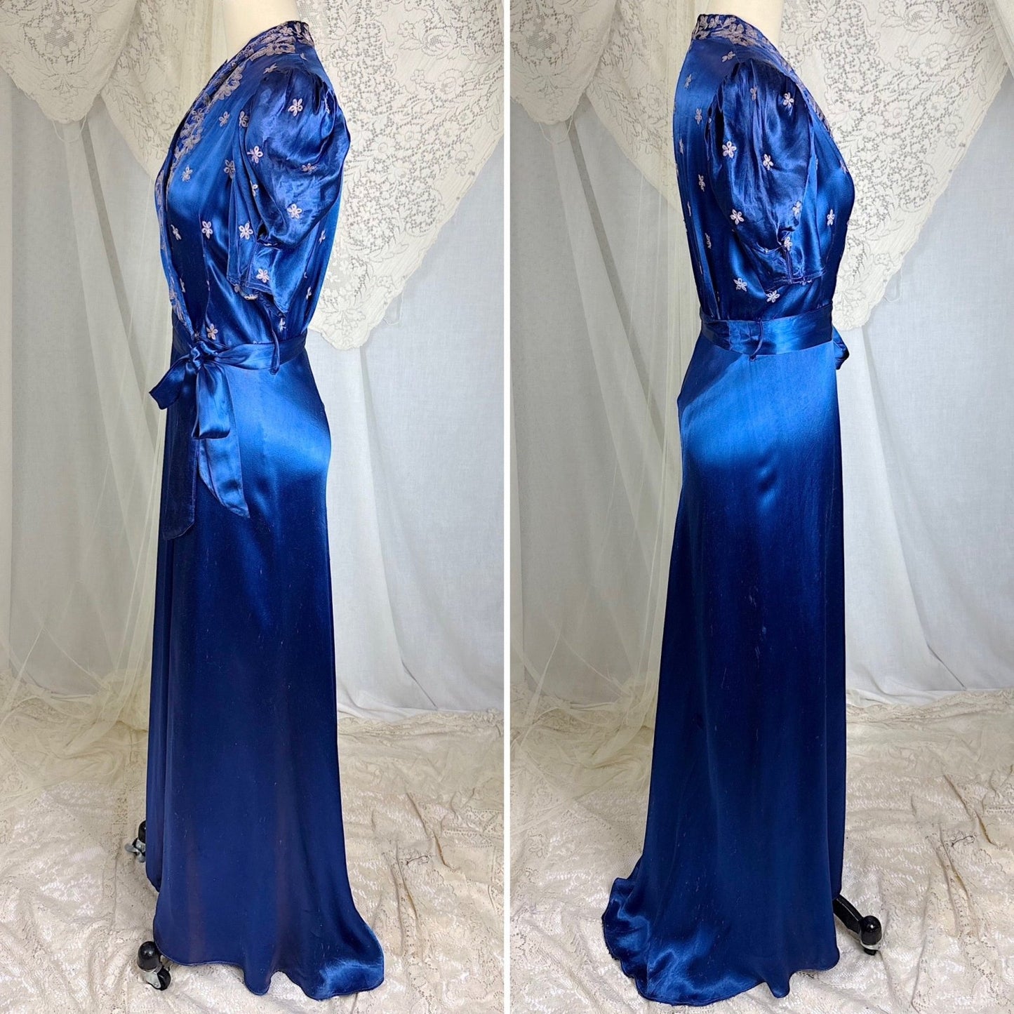 Vintage 1930's - 1940's Sapphire Blue Rayon Satin Dressing Gown with Silver Threaded Embroidery - By Ardele, Size S, M - Daggers & Dames