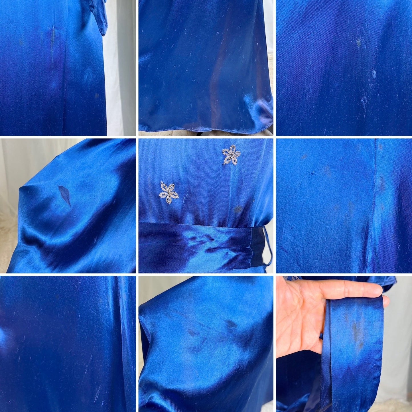 Vintage 1930's - 1940's Sapphire Blue Rayon Satin Dressing Gown with Silver Threaded Embroidery - By Ardele, Size S, M - Daggers & Dames