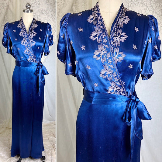 Vintage 1930's - 1940's Sapphire Blue Rayon Satin Dressing Gown with Silver Threaded Embroidery - By Ardele, Size S, M - Daggers & Dames