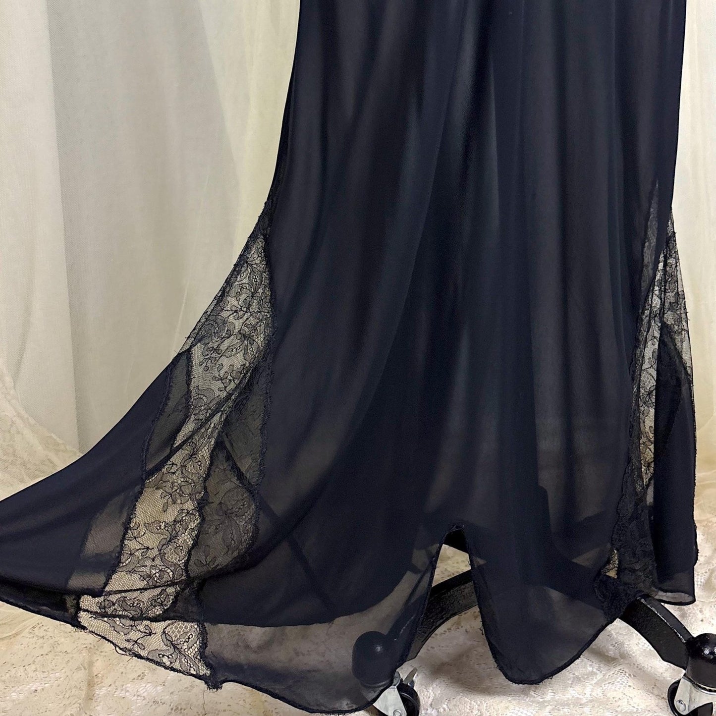 Vintage 1930's - 1940's Sheer Black Rayon Chiffon Nightgown with Chantilly Lace - By Lady Leonora, Size M - Daggers & Dames