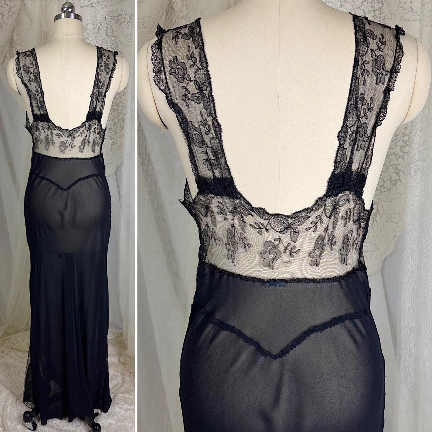 Vintage 1930's - 1940's Sheer Black Rayon Chiffon Nightgown with Chantilly Lace - By Lady Leonora, Size M - Daggers & Dames