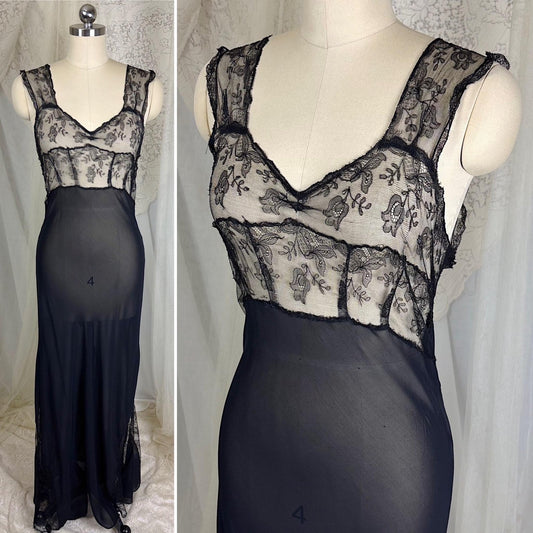 Vintage 1930's - 1940's Sheer Black Rayon Chiffon Nightgown with Chantilly Lace - By Lady Leonora, Size M - Daggers & Dames