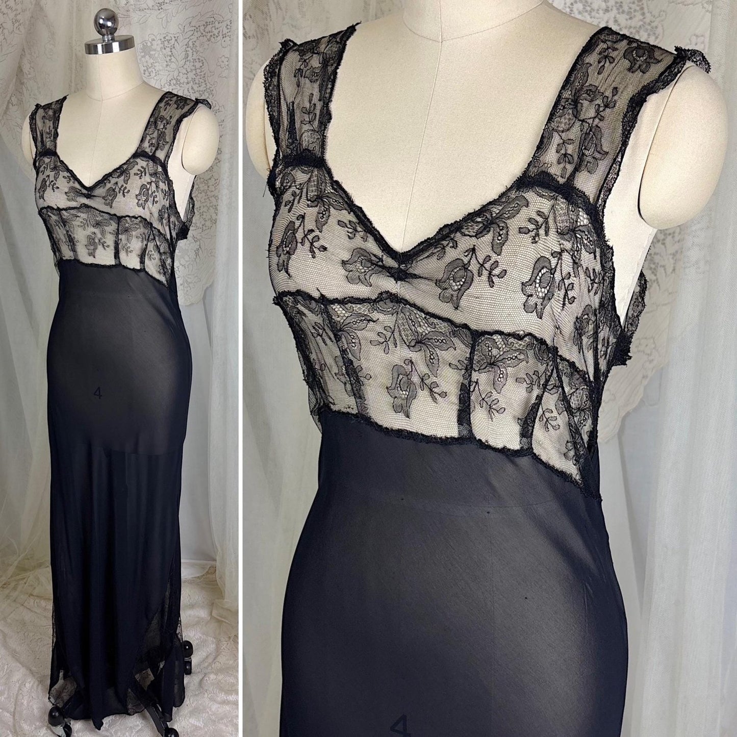 Vintage 1930's - 1940's Sheer Black Rayon Chiffon Nightgown with Chantilly Lace - By Lady Leonora, Size M - Daggers & Dames