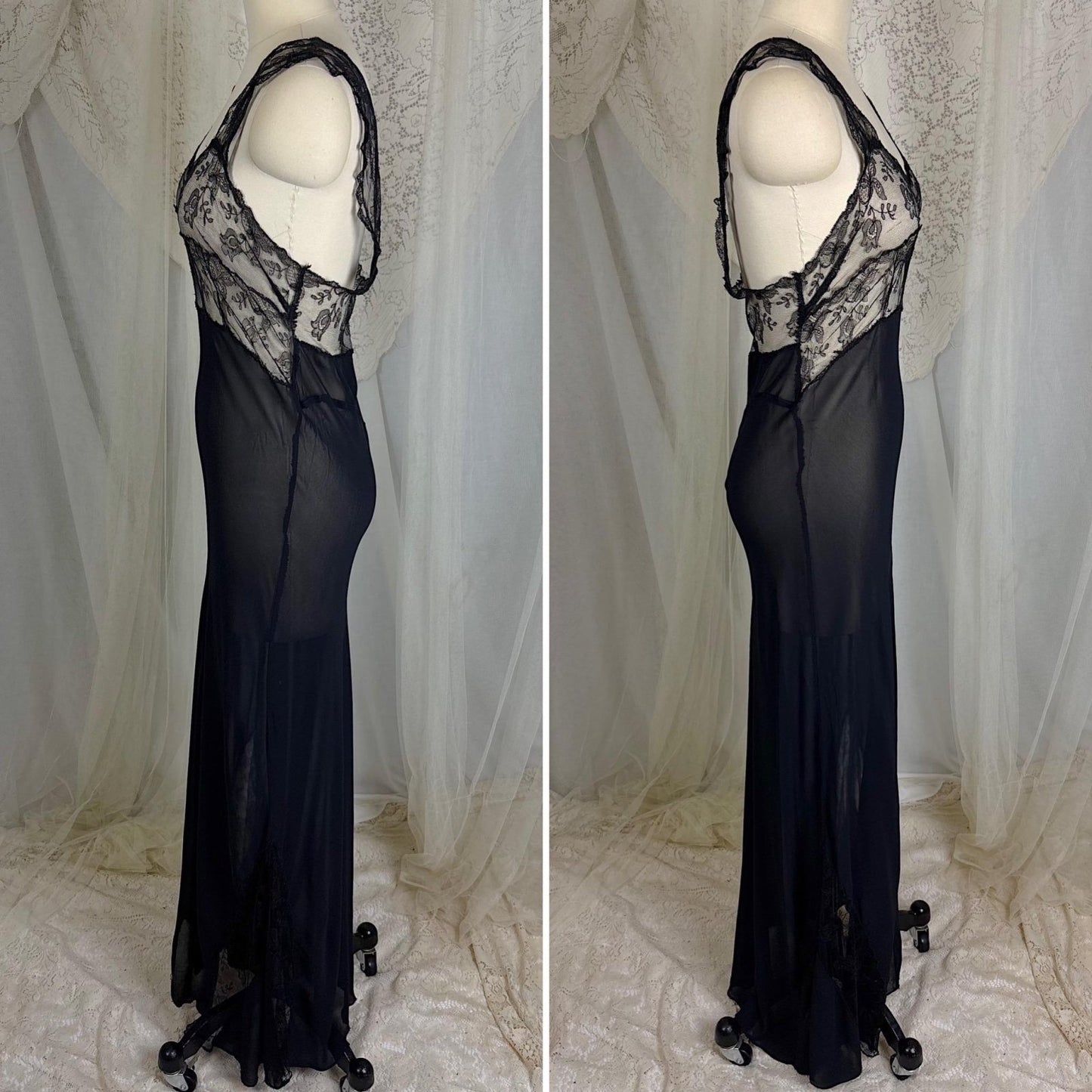 Vintage 1930's - 1940's Sheer Black Rayon Chiffon Nightgown with Chantilly Lace - By Lady Leonora, Size M - Daggers & Dames